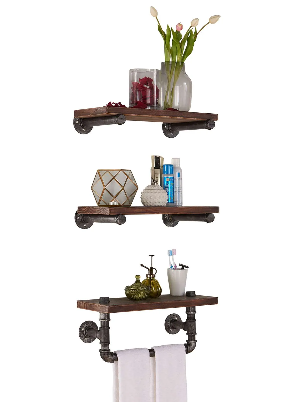 20" Conrad Industrial Pine Wood Floating Wall Shelf in Gray and Walnut Finish By Armen Living