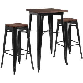 23.5" Square Black Metal Bar Table Set With Wood Top And 2 Backless Stools By Flash Furniture