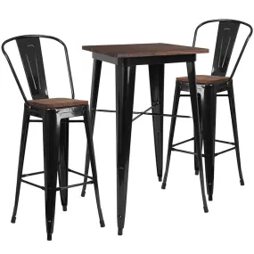 23.5" Square Black Metal Bar Table Set With Wood Top And 2 Stools By Flash Furniture