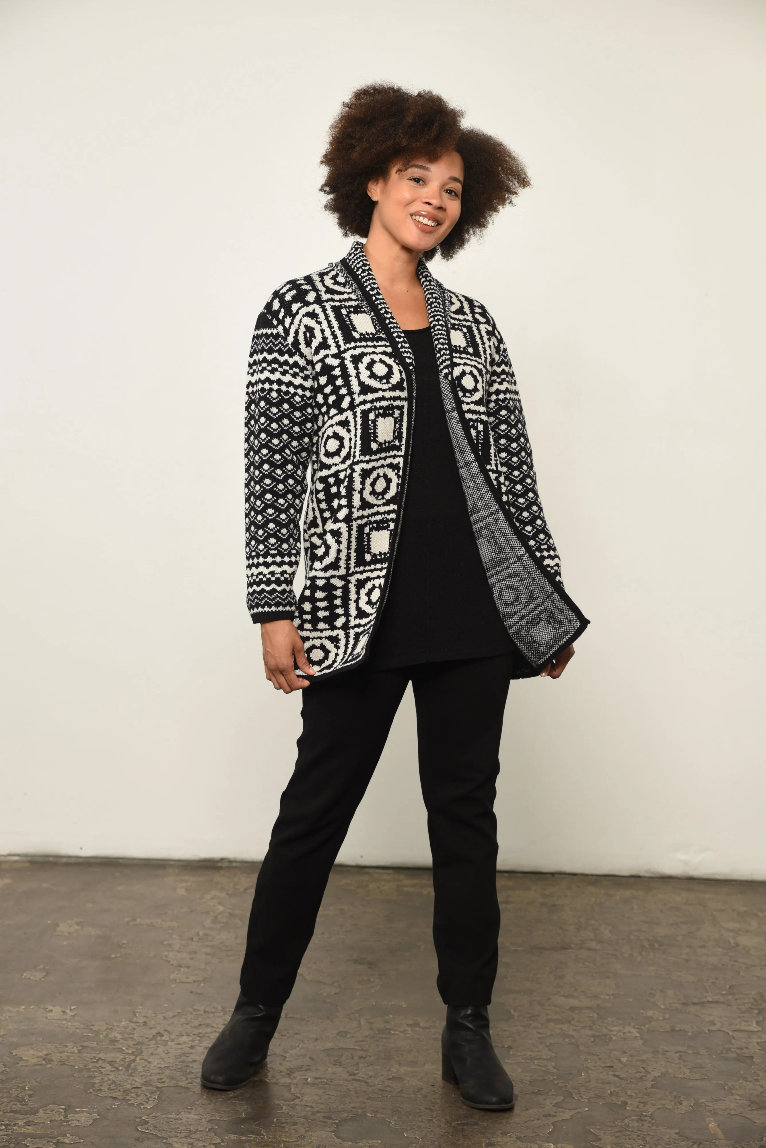 Abstract Print Open Front Cardigan in Black Aztec