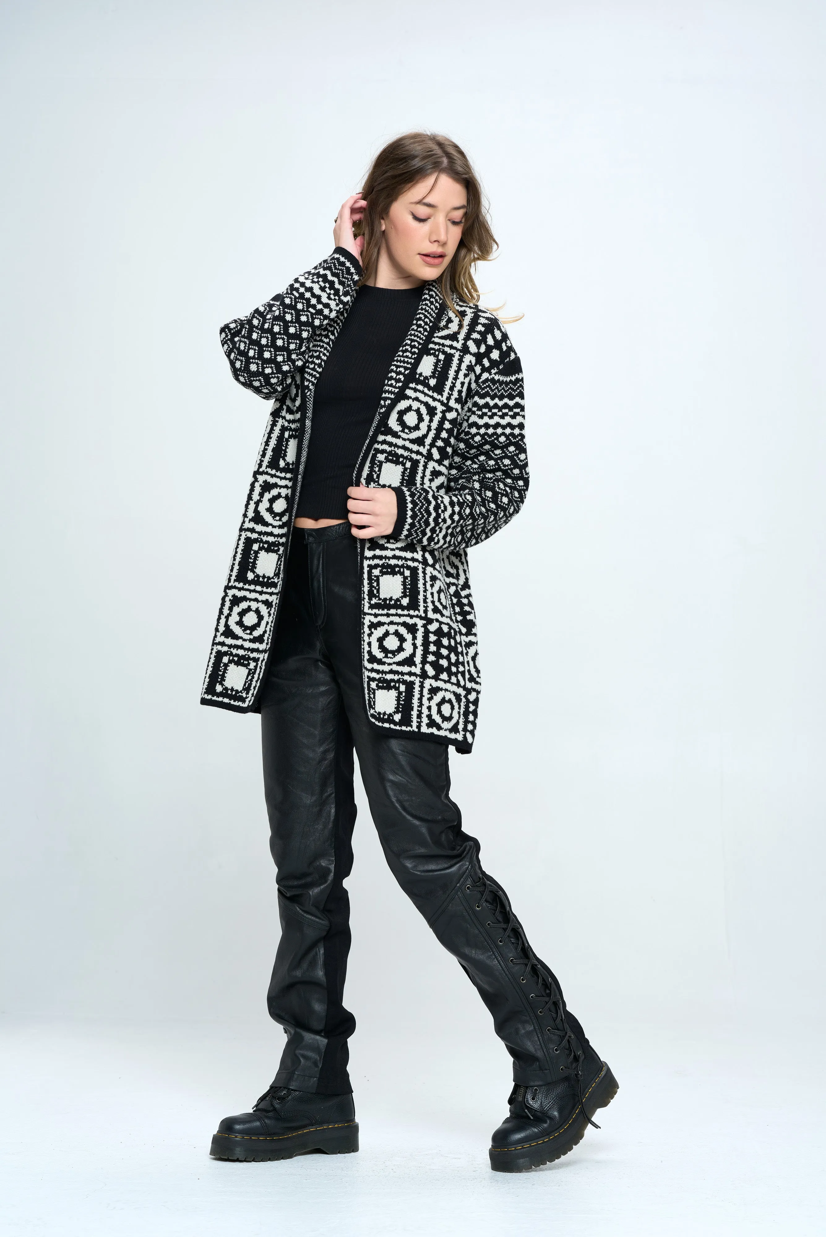 Abstract Print Open Front Cardigan in Black Aztec