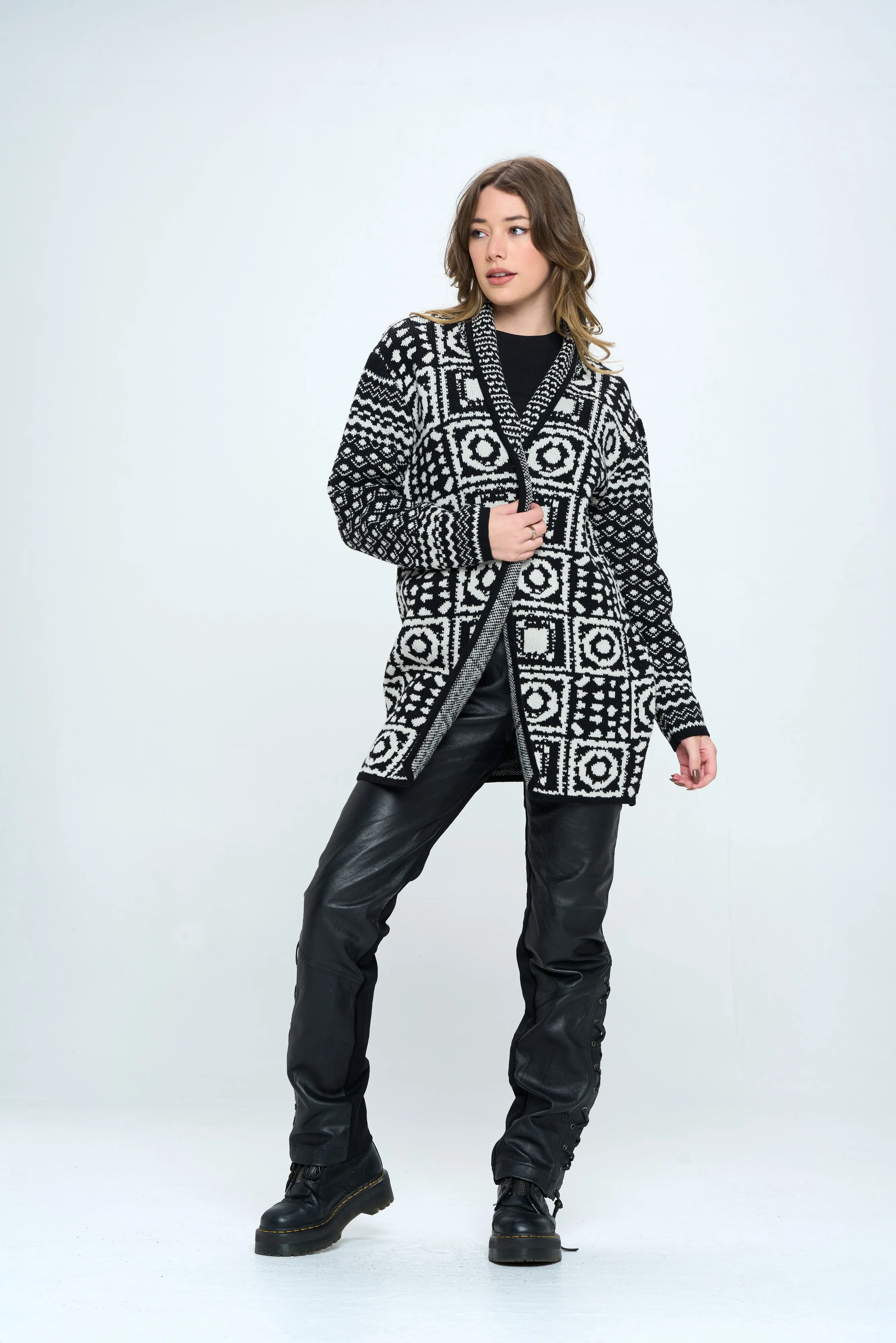 Abstract Print Open Front Cardigan in Black Aztec