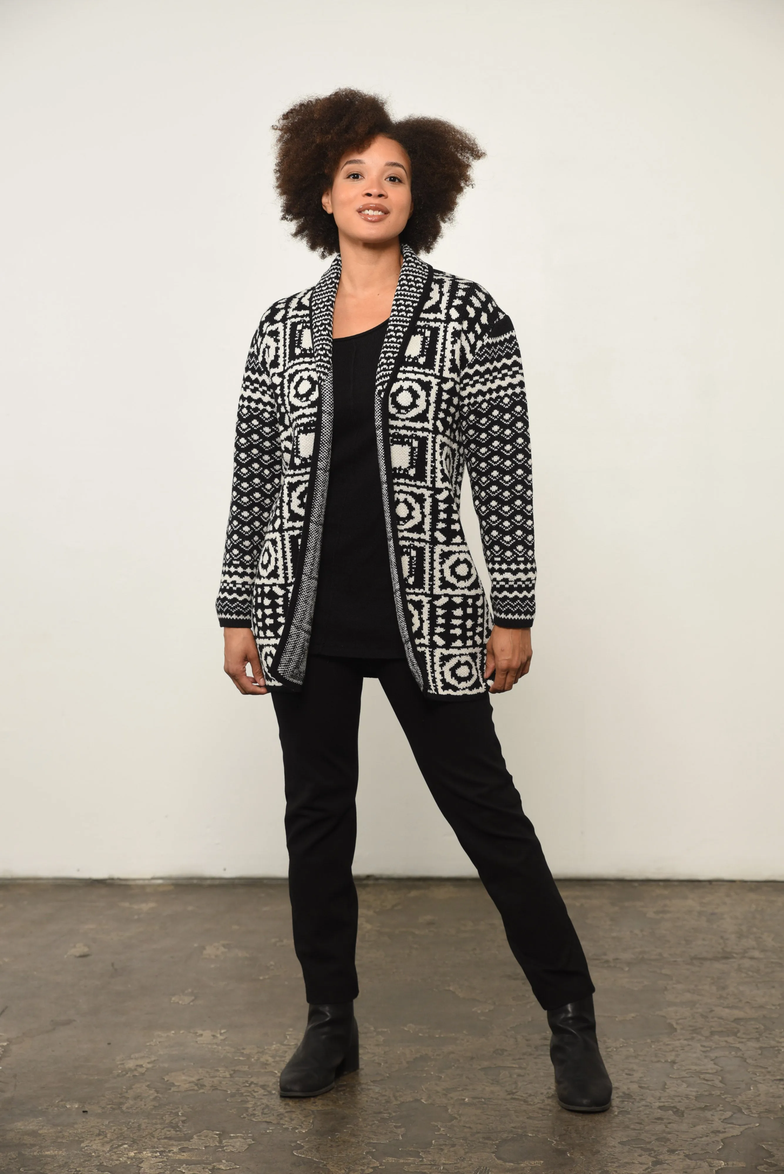 Abstract Print Open Front Cardigan in Black Aztec