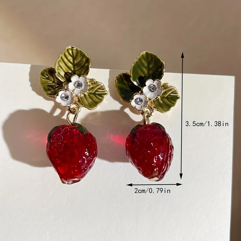 Années 60 Boucles d'Oreilles Rétro Fraises Strass