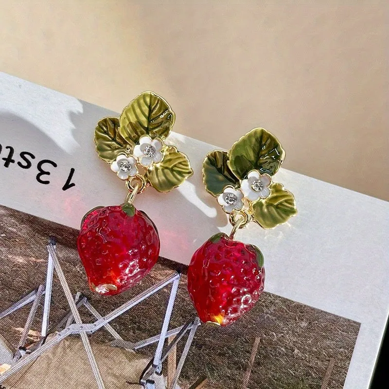 Années 60 Boucles d'Oreilles Rétro Fraises Strass