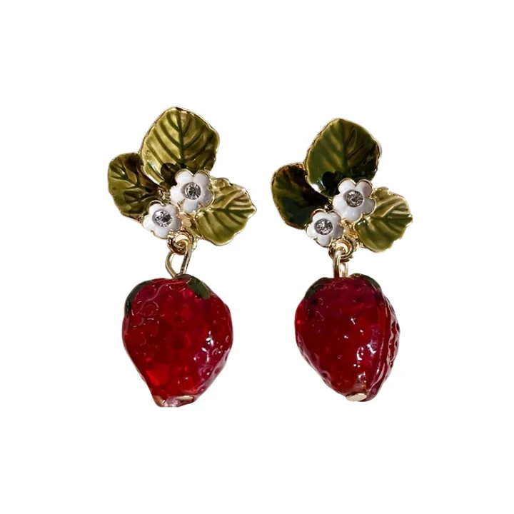 Années 60 Boucles d'Oreilles Rétro Fraises Strass