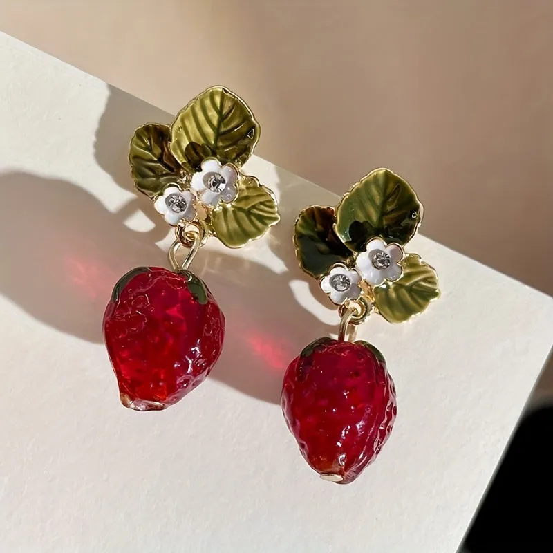 Années 60 Boucles d'Oreilles Rétro Fraises Strass