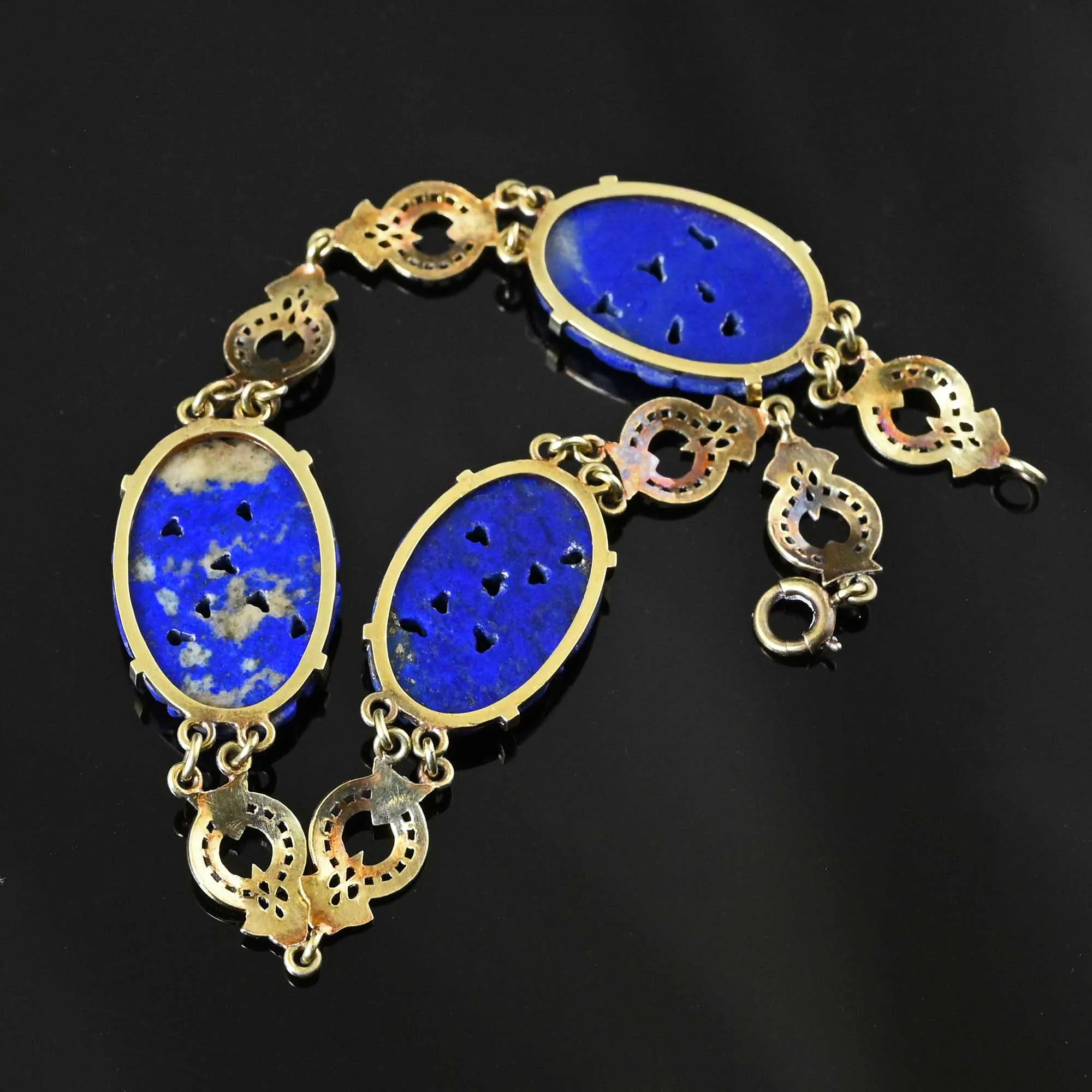 Art Deco 14K Gold Pierced Carved Lapis Lazuli Bracelet