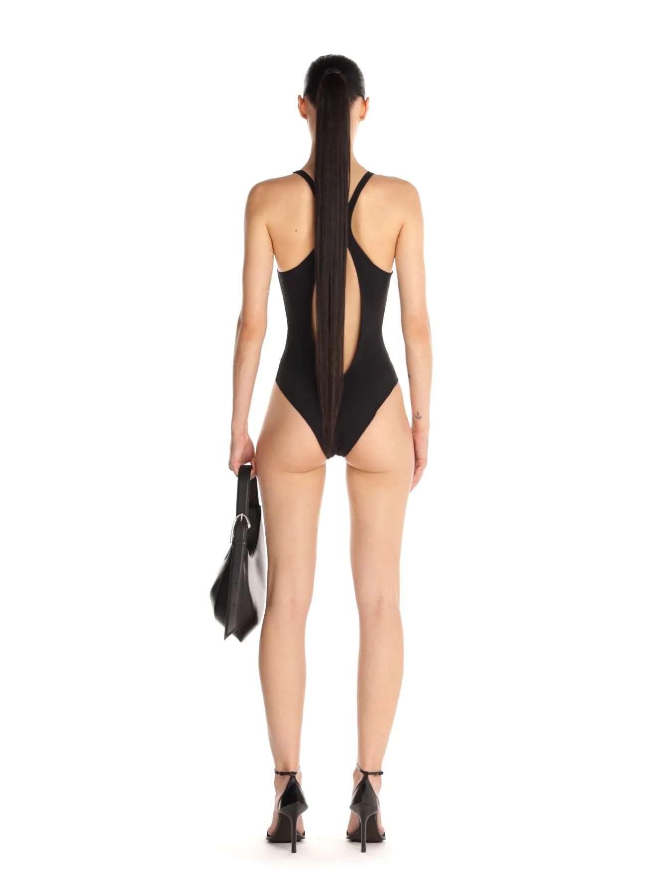 black corseted one-piece swimsuit