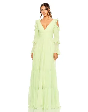 Drop Shoulder Ruffle Sleeve Tiered Gown