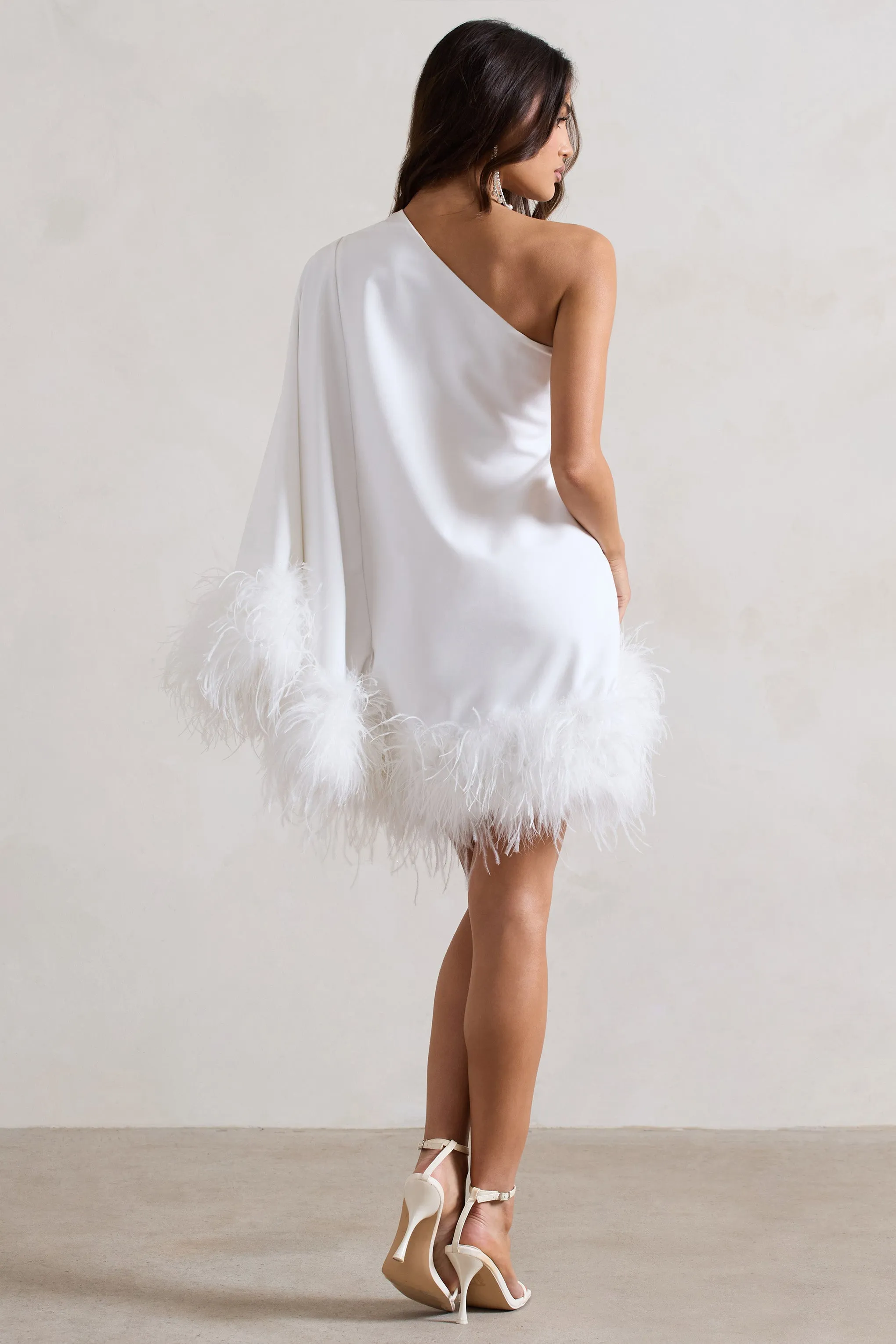 Epiphany | White One Shoulder Cape Sleeve Mini Dress With Feathers