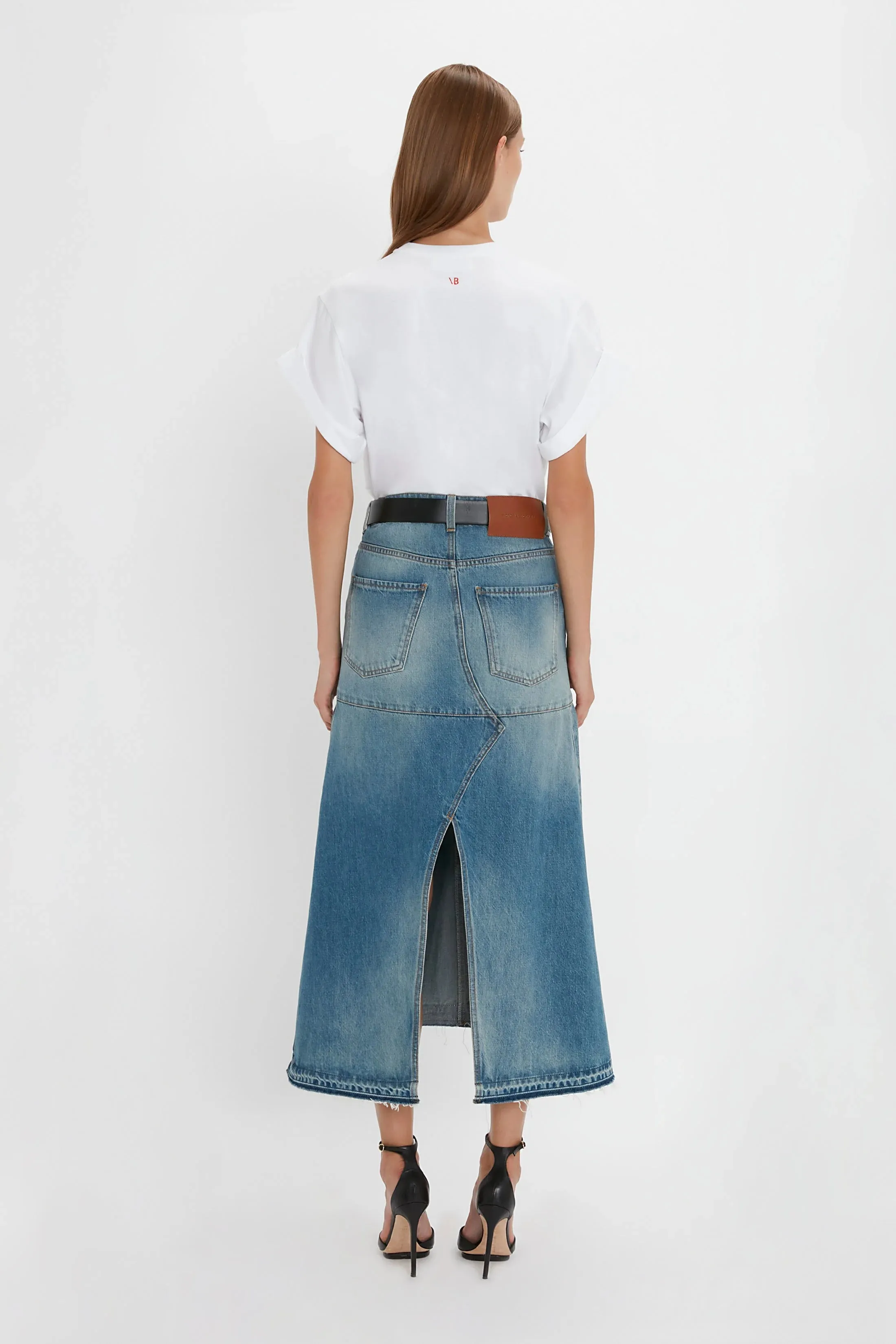 Fit and Flare Patched Denim Skirt