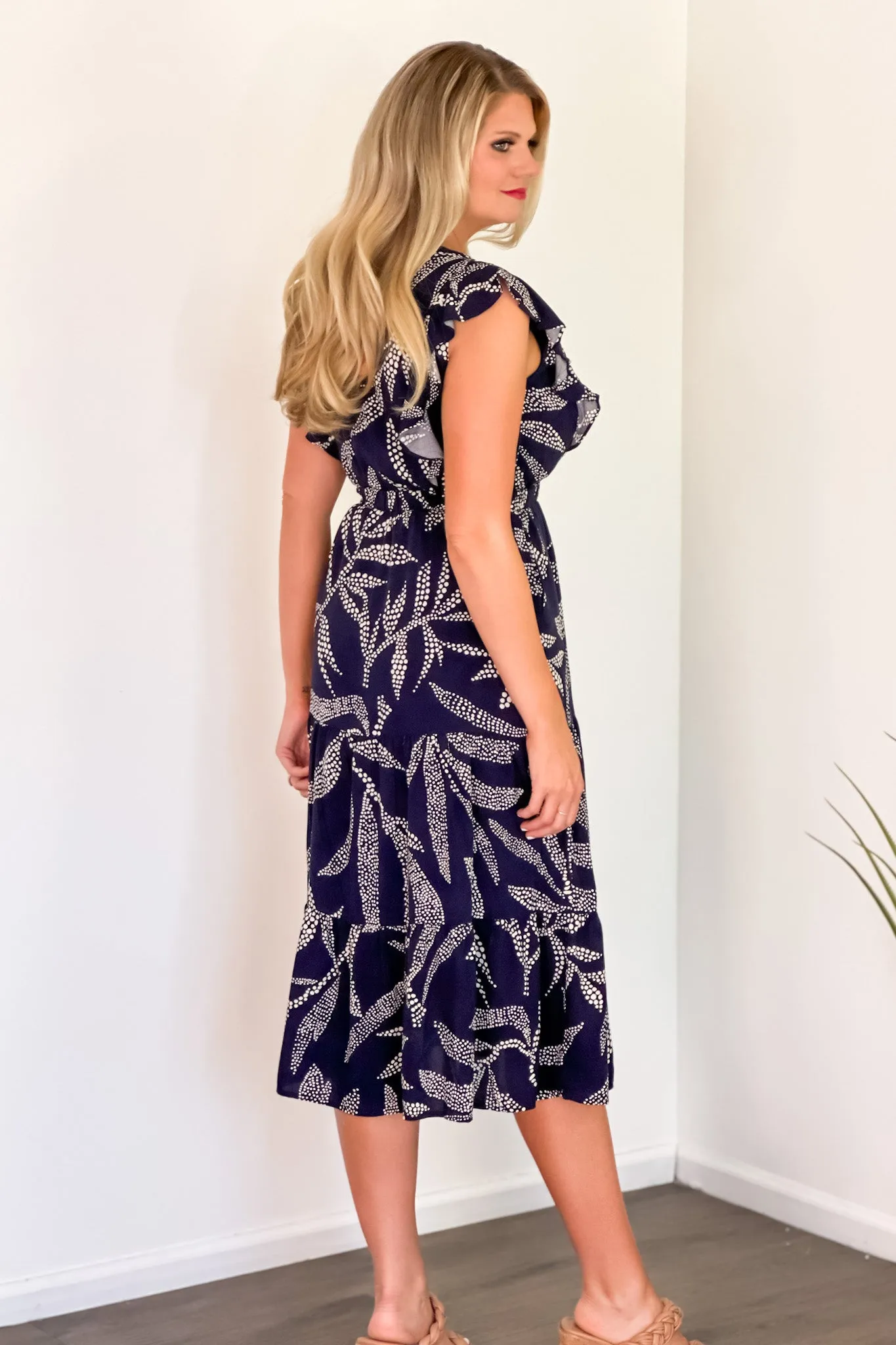 Palm Nights Flutter Sleeve Dress : Navy