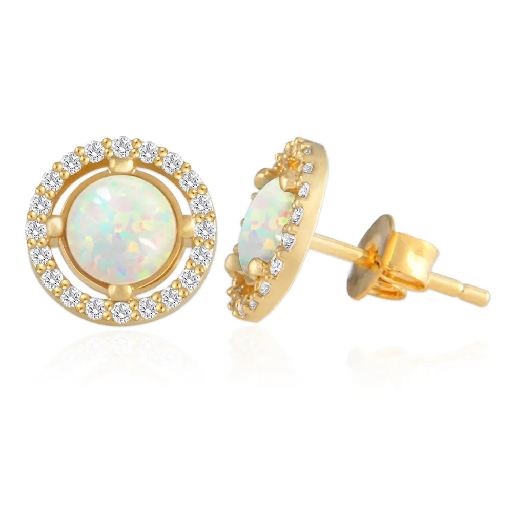 Round Created Opal and CZ Earrings 14K Gold Plated