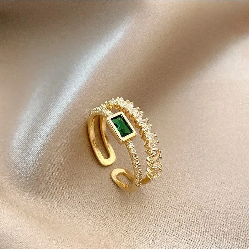 Temperament Green Square Peridot Double Layer Open Ring