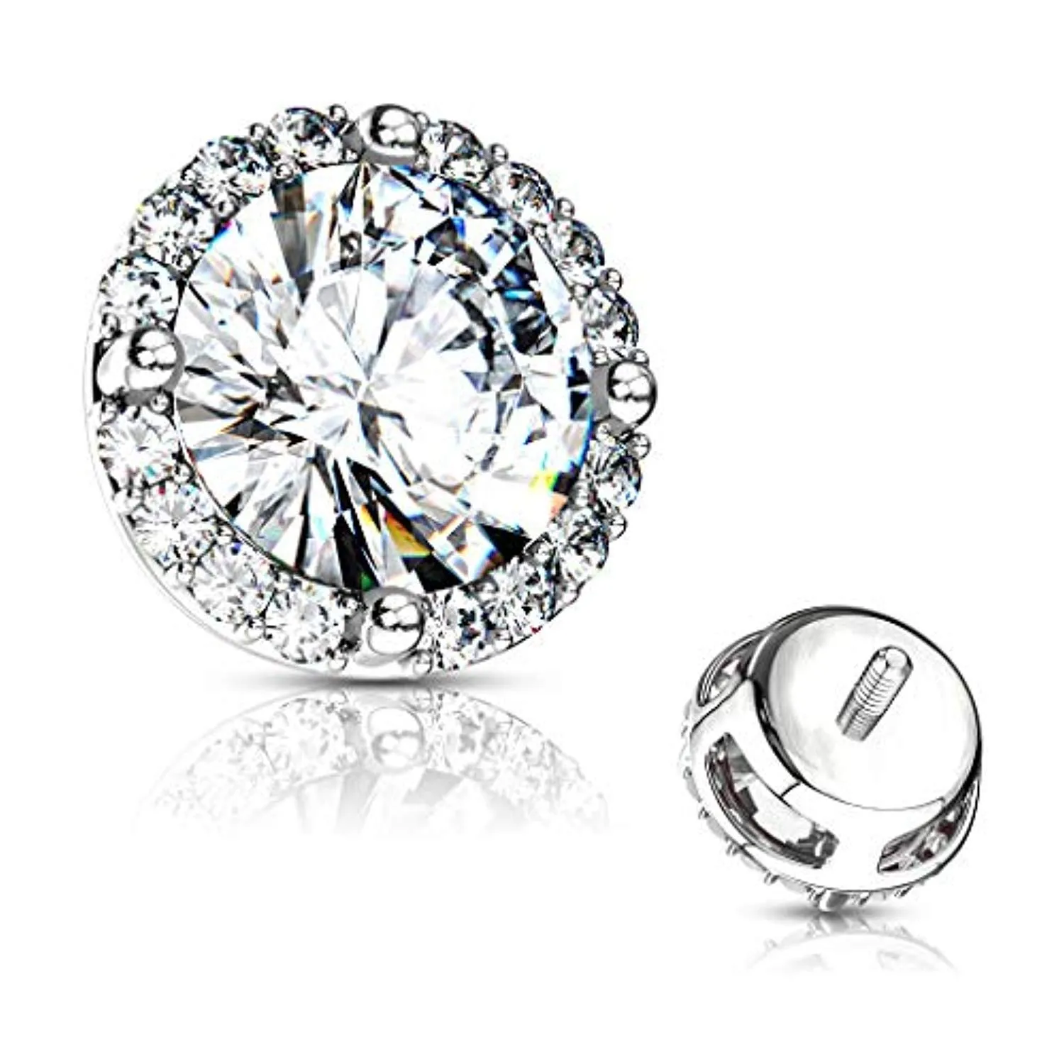 WildKlass Round Prong Set CZ Center with CZ Around Internal Threaded Dermal Anchor Tops